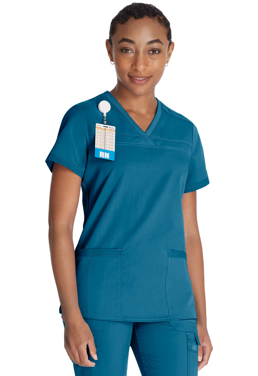 Lékařská halena s výstřihem do V a žebrovanými panely, Dickies, V-Neck Top With Rib Knit Panels - karibská modrá