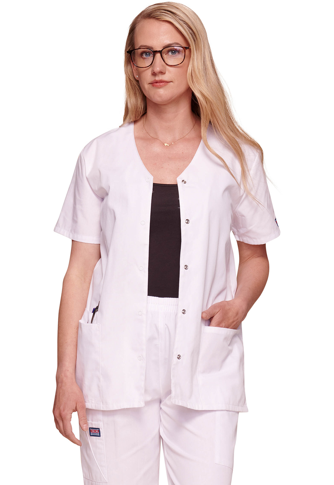 Lékařská halena s výstřihem do V a zapínáním na druky, Cherokee, Snap Front V-Neck Top - bílá
