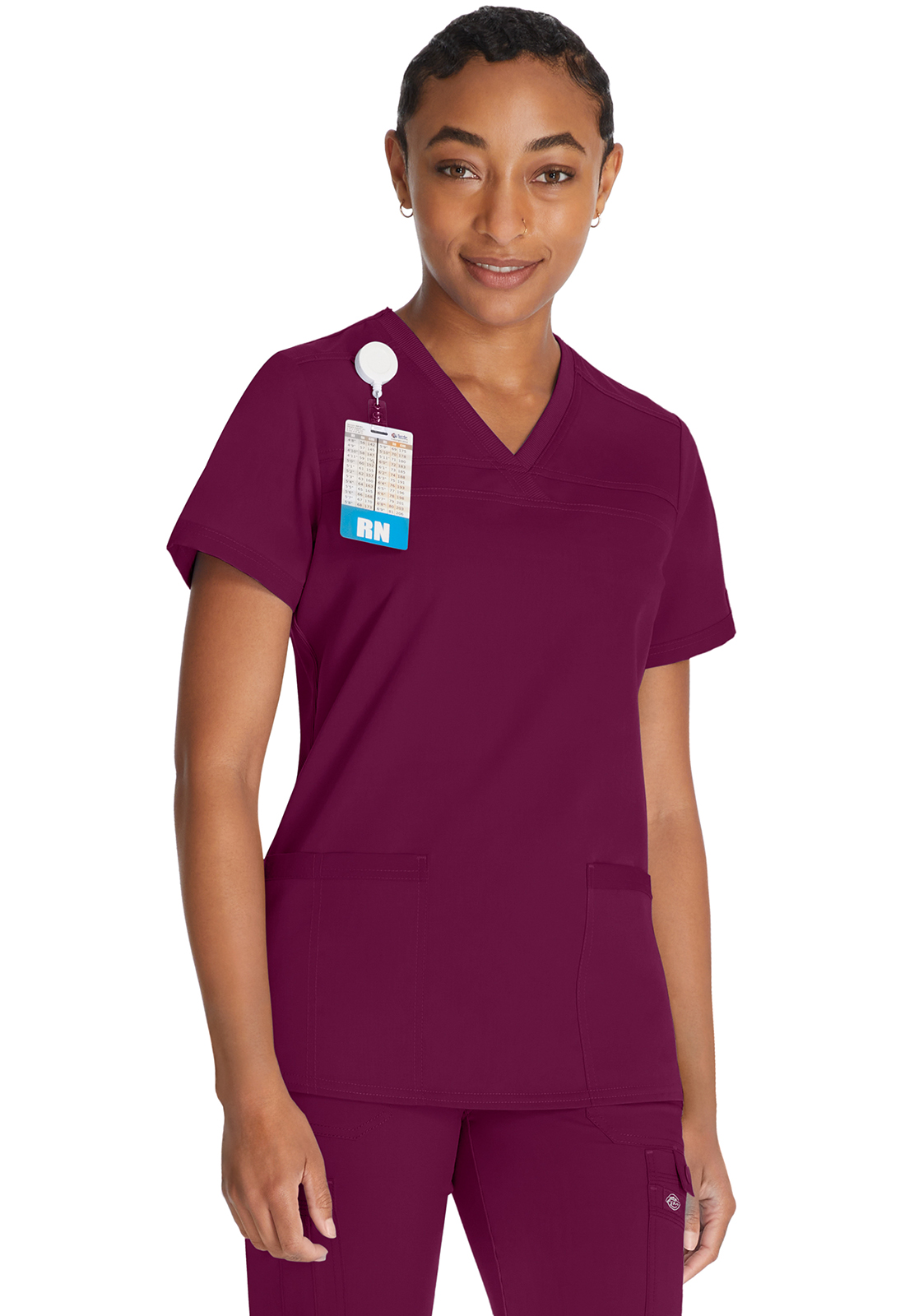 Lékařská halena s výstřihem do V a žebrovanými panely, Dickies, V-Neck Top With Rib Knit Panels - vínová
